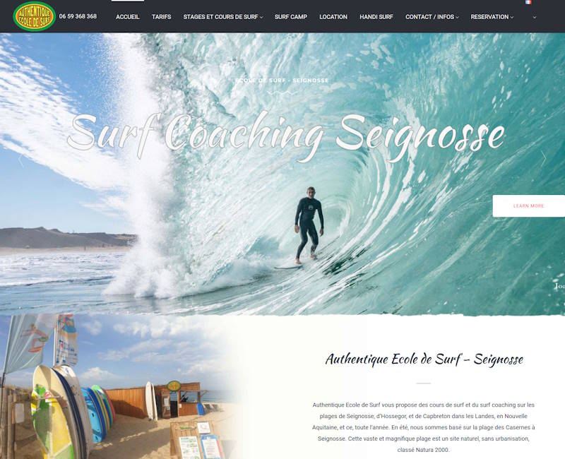 création site internet landes authentique école de surf